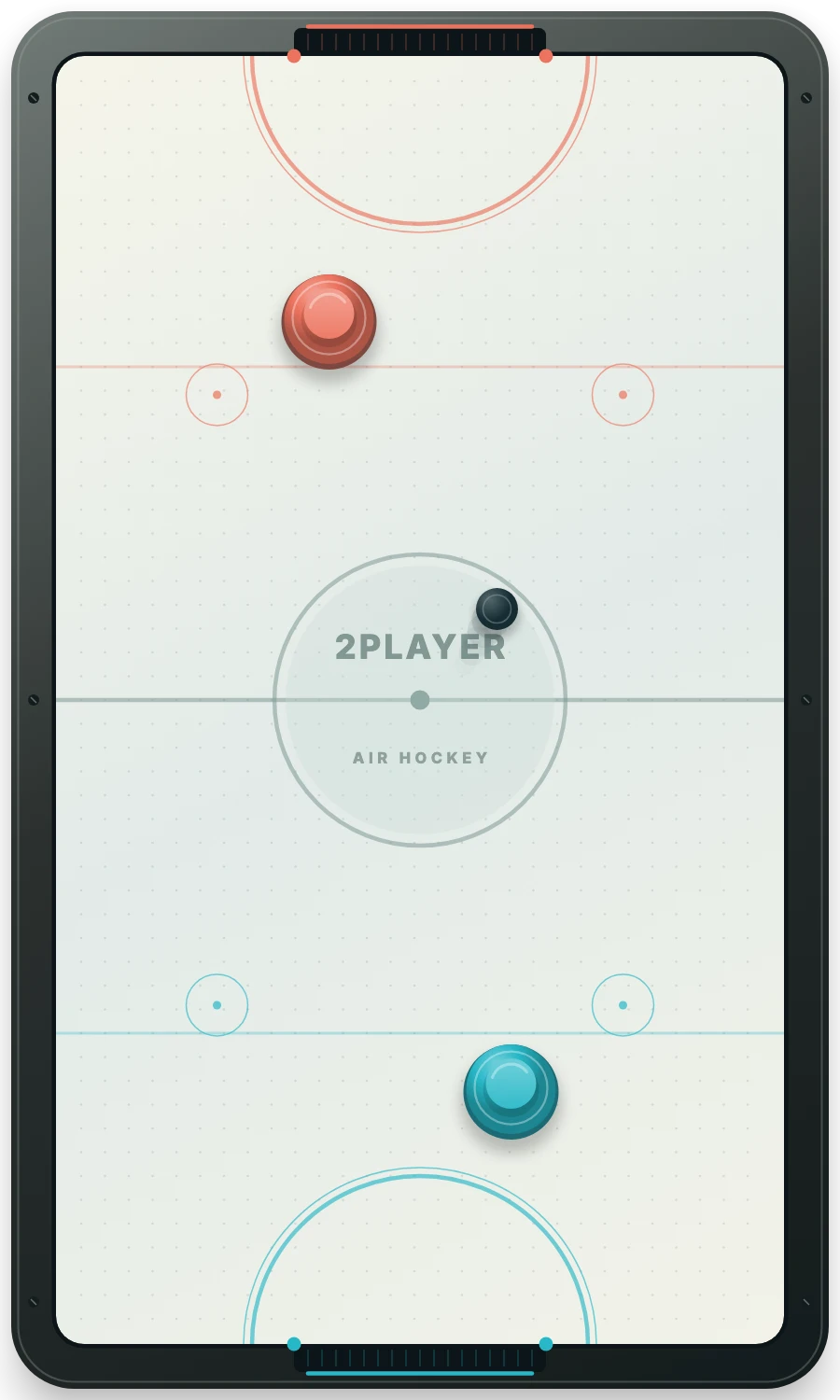 The playable Air Hockey table with blue and coral mallets, goal openings and a dark puck