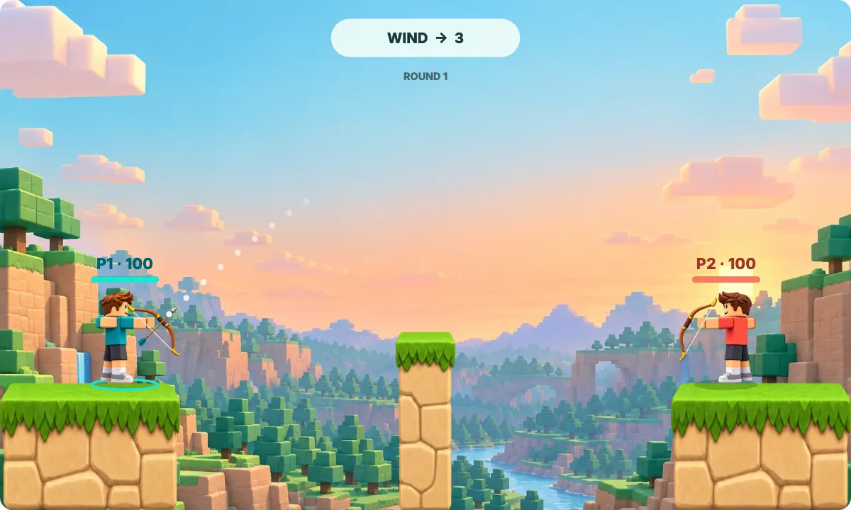 The playable Archery Duel canyon with teal and coral blocky archers, wooden bows and a central stone pillar