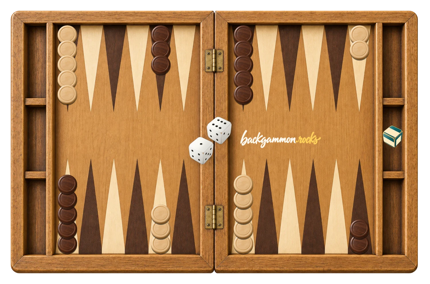 The playable wooden backgammon board with white and dark wooden checkers