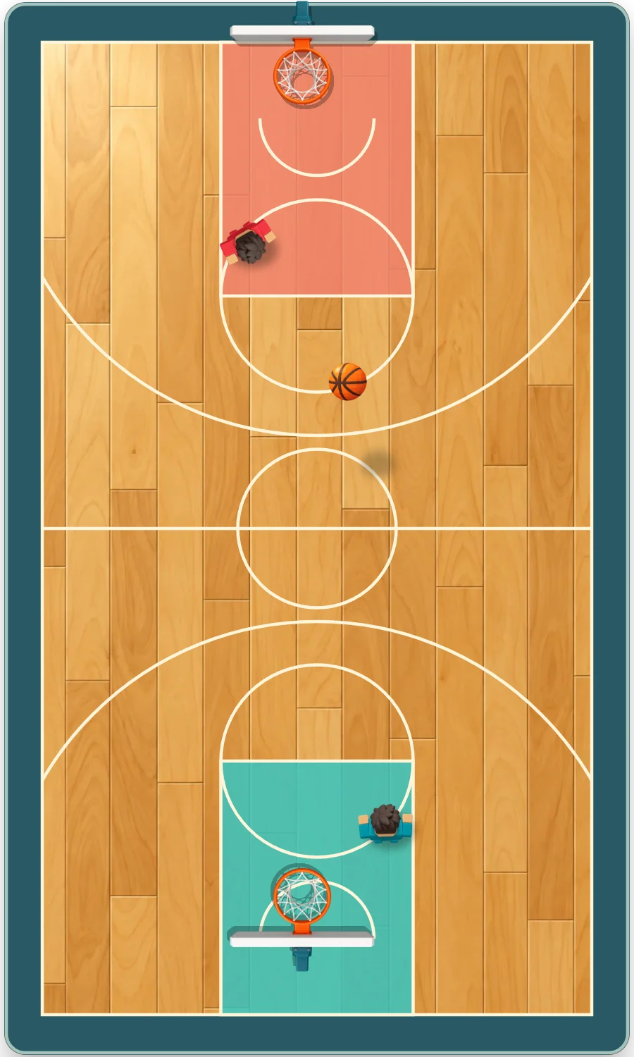 The playable overhead Basketball 1v1 court with block players, wooden flooring and two hoops