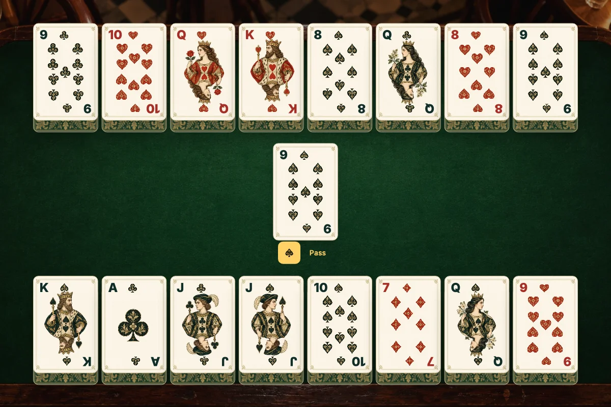 The actual Belote Découverte table with two rows of exposed cards above hidden reserves and a trick in the middle