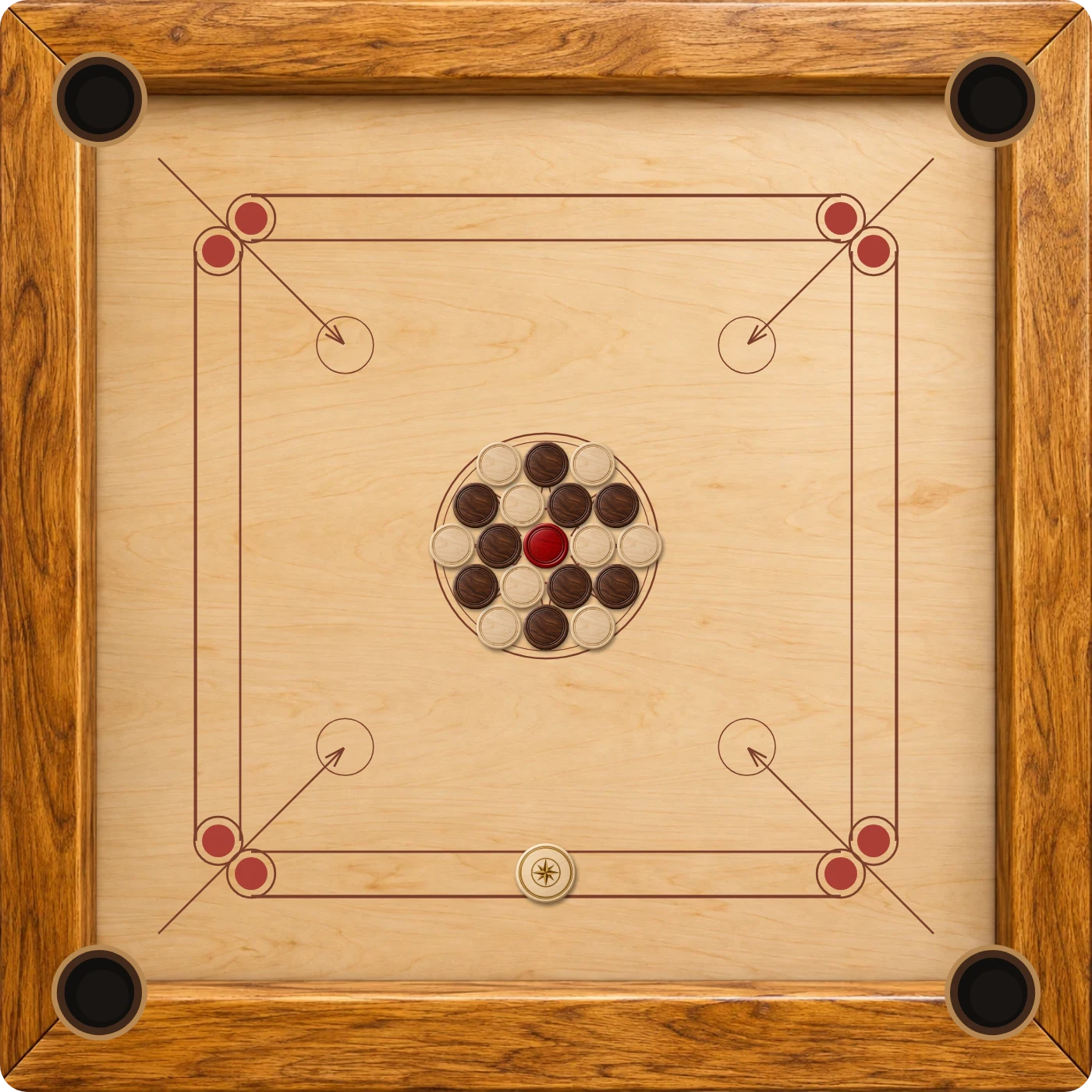 Our wooden Carrom board with ivory and walnut coins, a red queen and an ivory striker, ready for the first shot