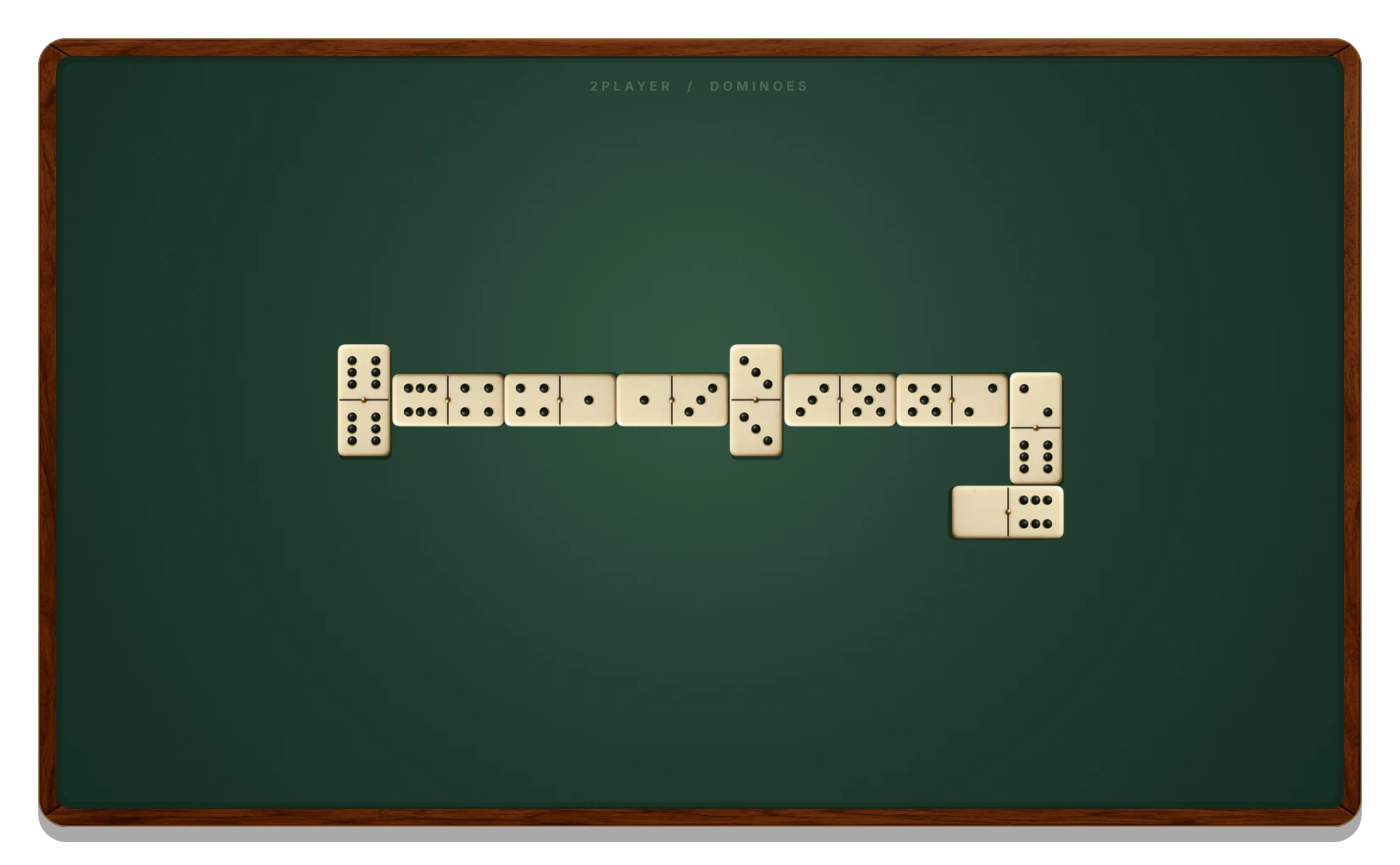 The playable Dominoes table: ivory tiles with black pips on green felt in a warm wooden frame