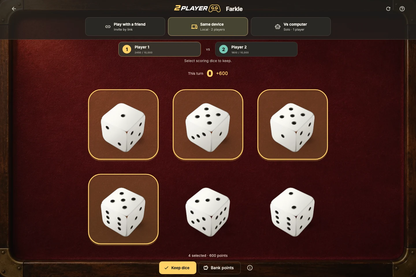 Так выглядит доска в игре: Farkle