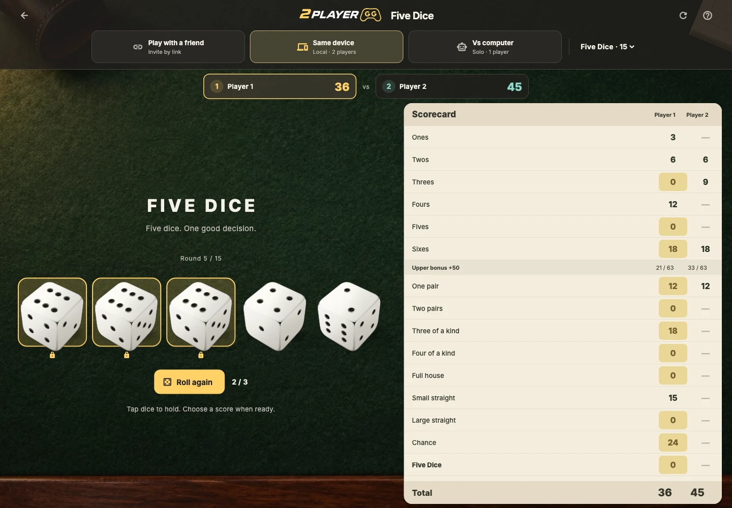 Das Spielbrett im Browser: Five Dice