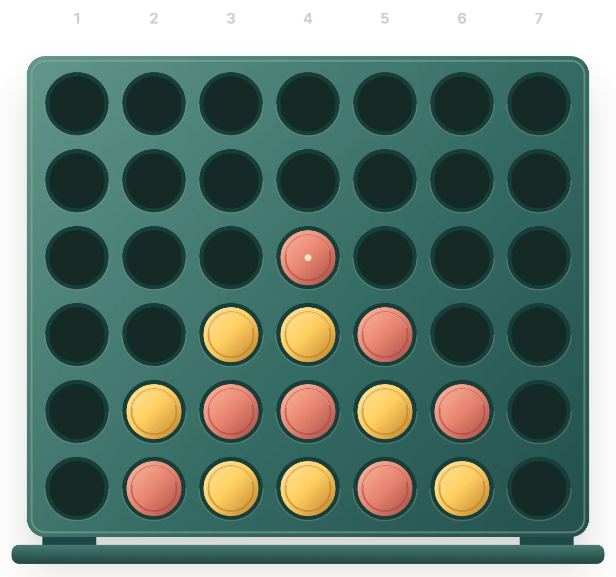 The playable teal Four in a Row rack with gold and coral discs in seven columns