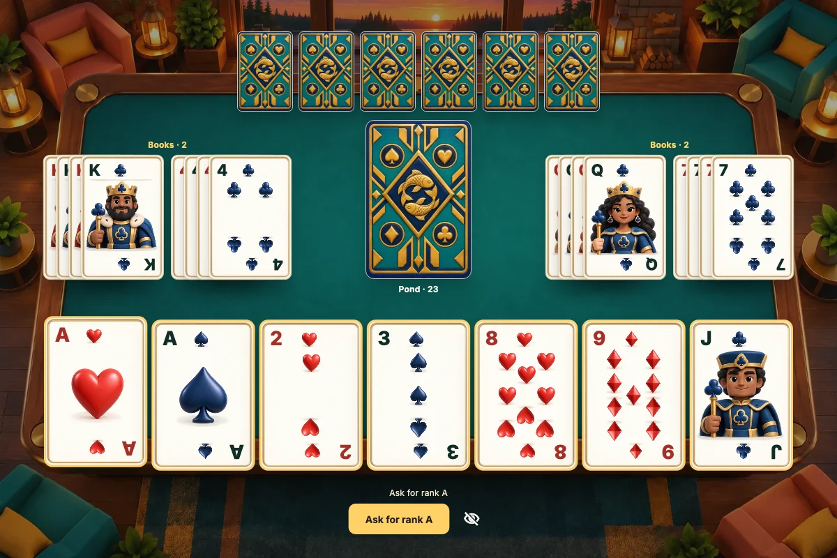 The actual Go Fish table with a private hand, a fishing pond and collected books