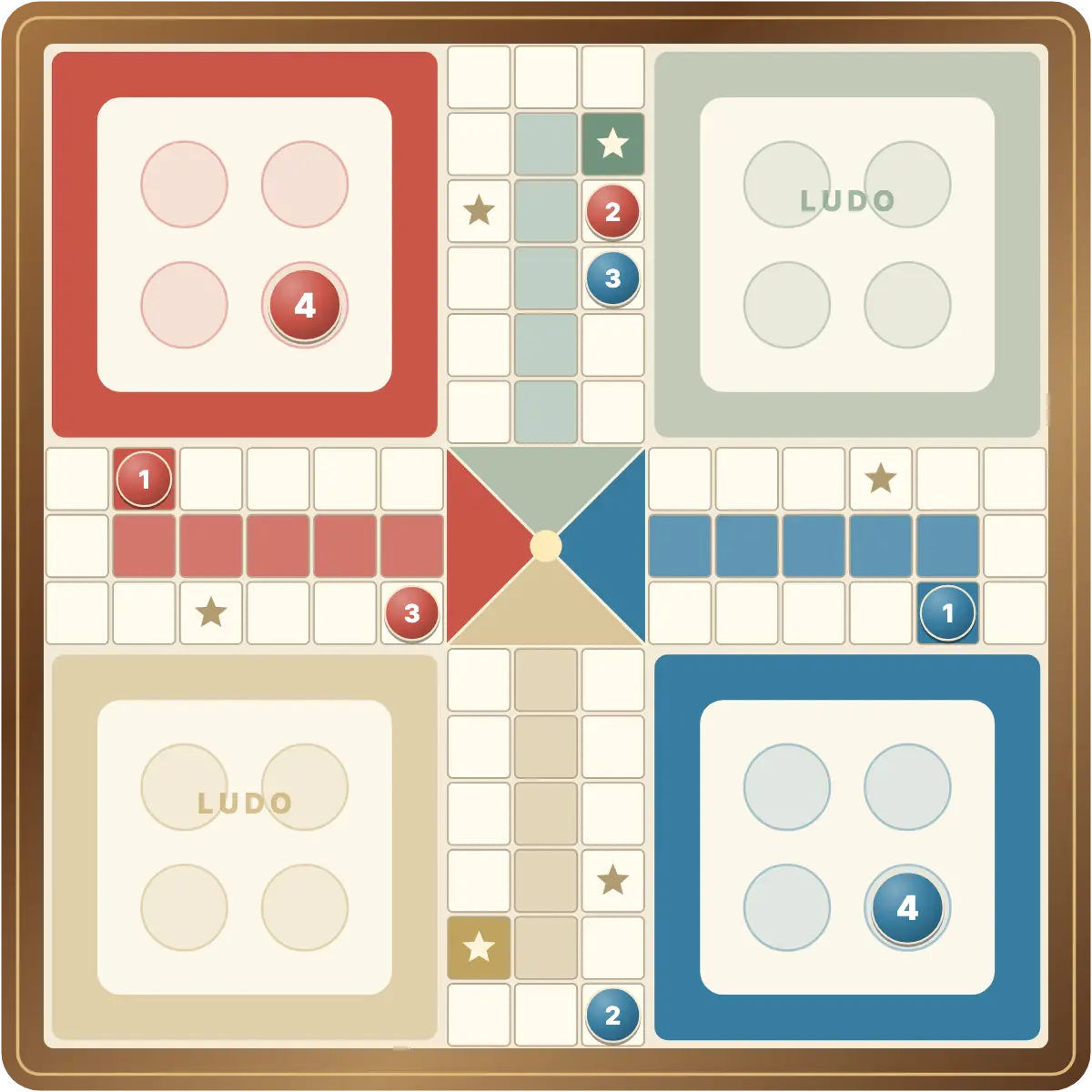 The playable Ludo board with red and blue numbered pawns, star-marked safe squares and coloured home lanes