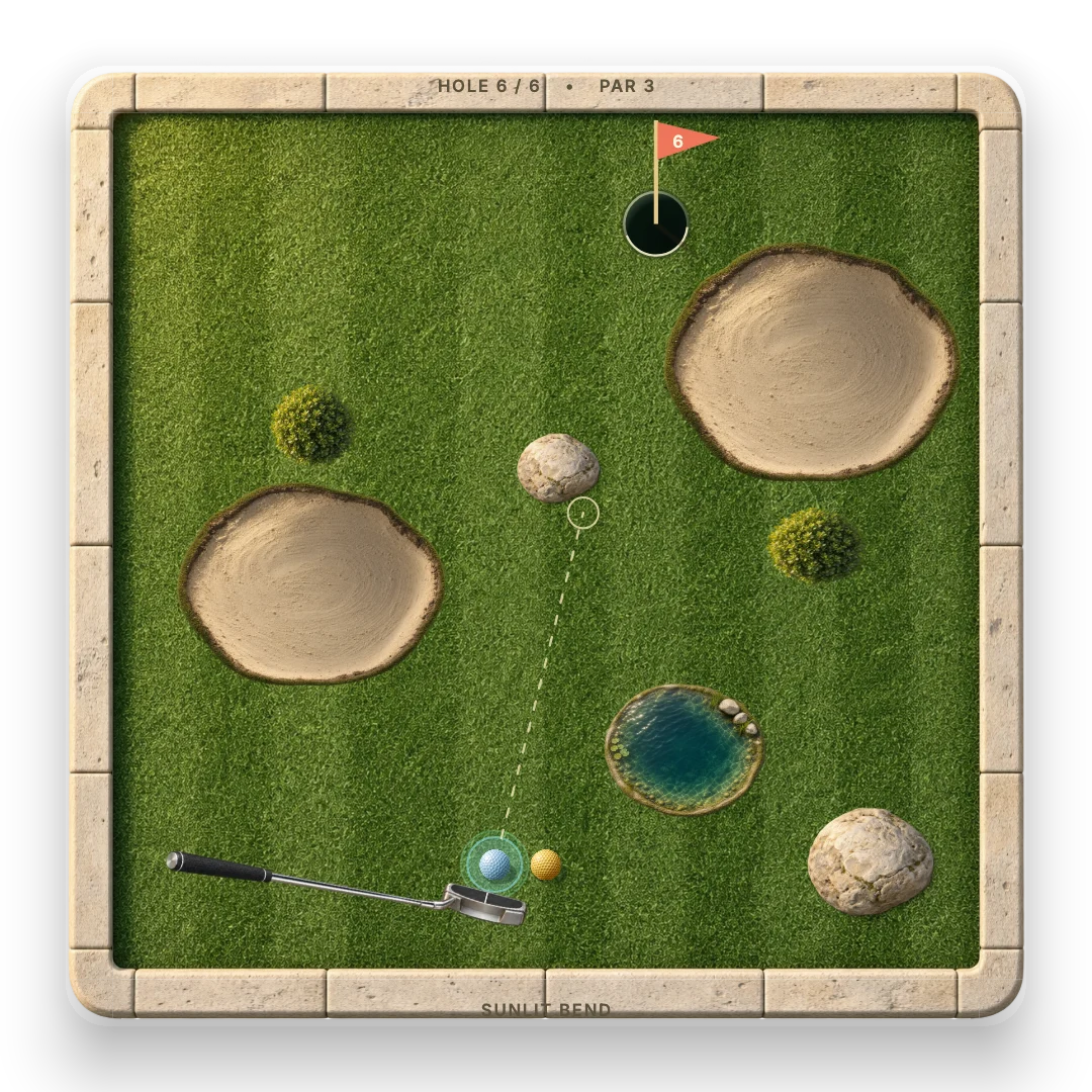 Bayrak, taş kenarlar ve iki renkli topla oynanabilir mini golf sahası