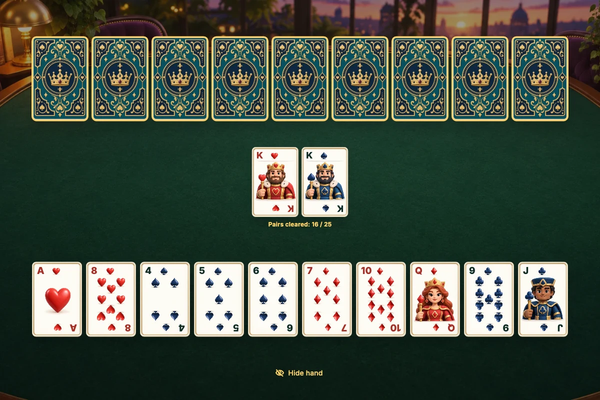The playable Old Maid table with hidden opponent cards, a private hand and discarded pairs