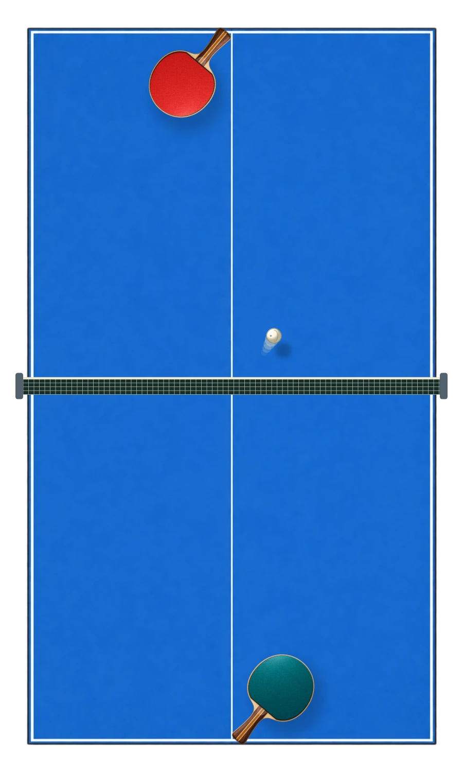 The playable blue table tennis table with a thin metal edge, a net, turquoise and coral paddles and a white ball