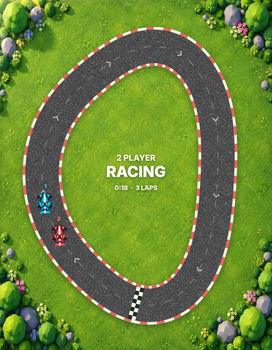 The actual overhead Racing circuit with blue and coral karts, asphalt, striped curbs and a checkered finish line