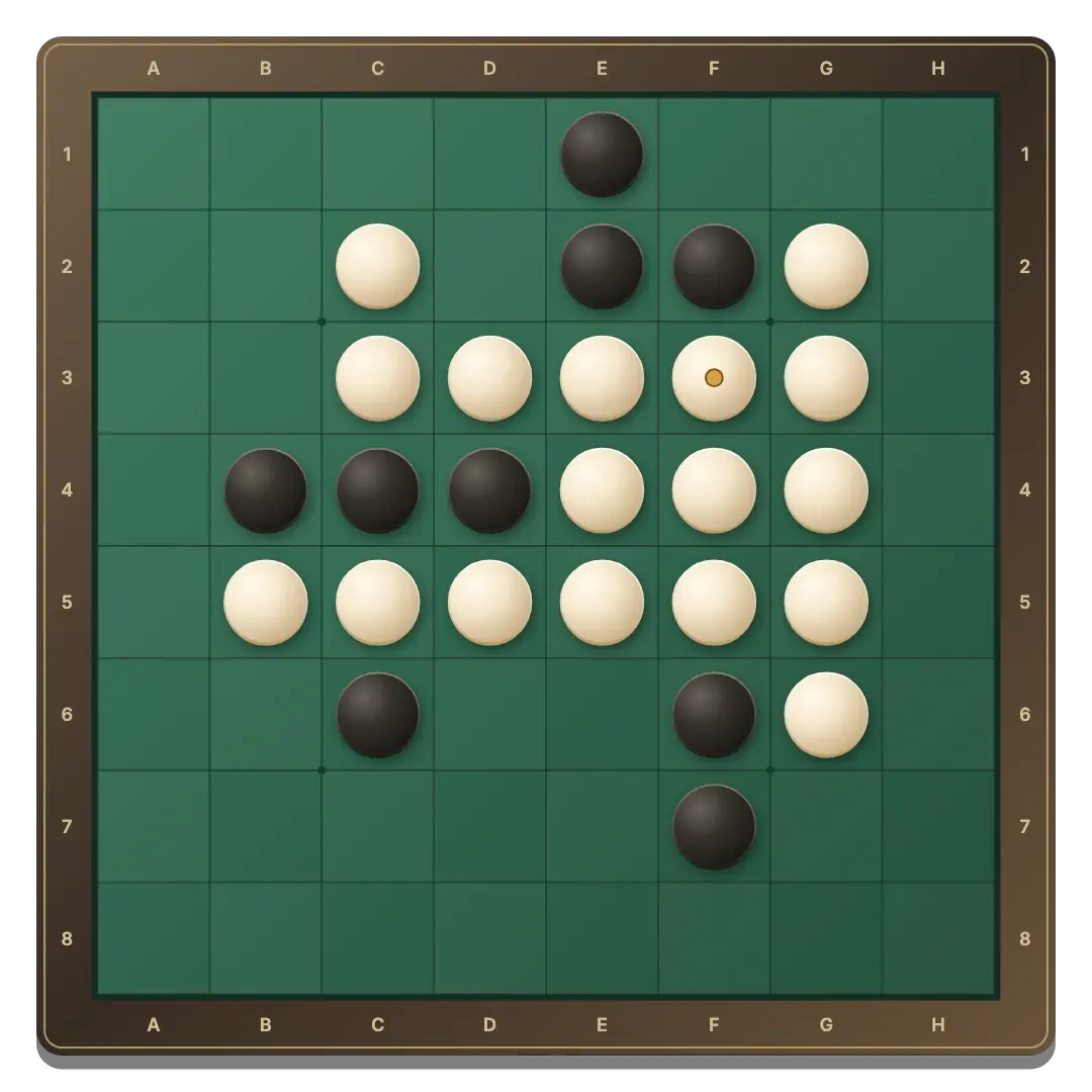 The playable green Reversi board with black and ivory discs in an eight by eight grid