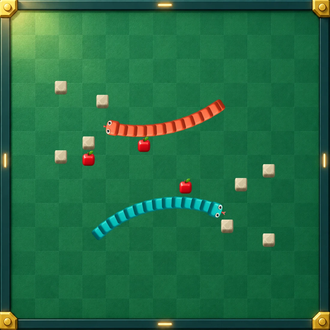 The actual Snake Duel arena with teal and coral block snakes, apples and sandstone obstacles