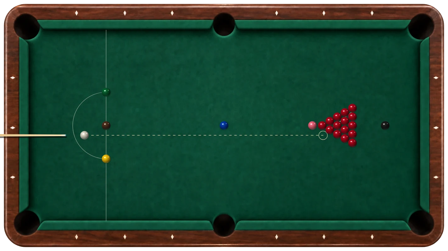 Der echte Snookertisch mit roten und farbigen Bällen und dem D