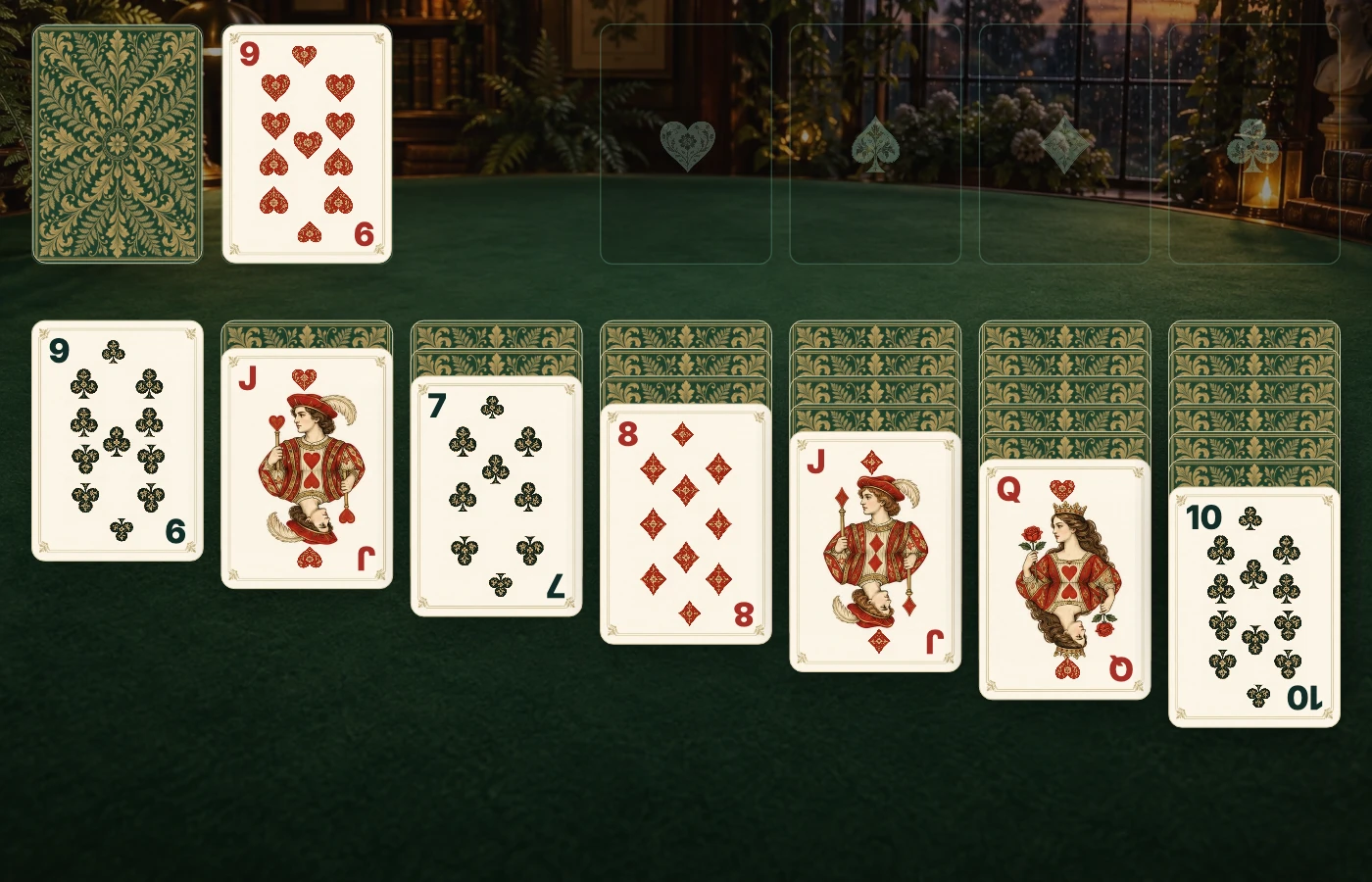 The playable Klondike Solitaire table with original ivory cards, botanical suits and green and gold backs