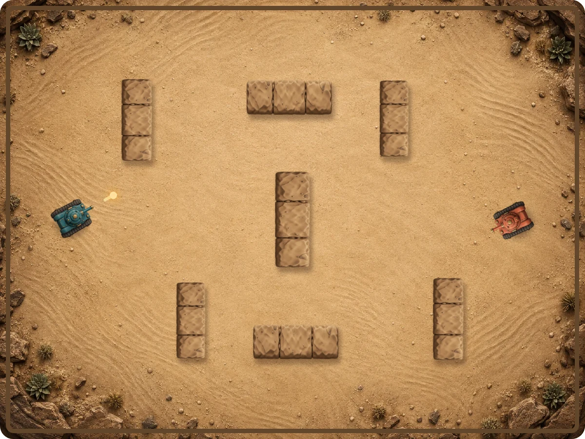 The actual Tank Duel sand arena with teal and coral tanks, sandstone cover and a ricocheting shell