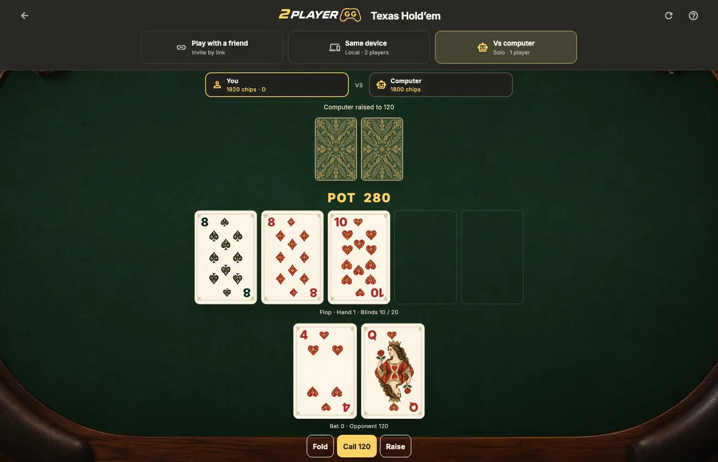 Skutečný karetní stůl hry: Texas Hold’em jeden na jednoho