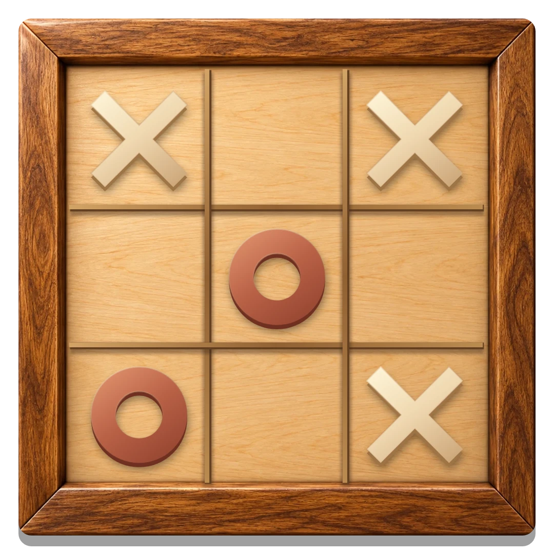 The playable wooden Tic Tac Toe board with ivory X pieces and terracotta O rings
