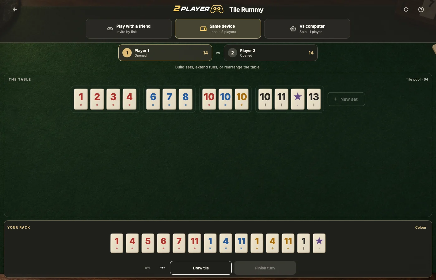 The actual Tile Rummy game with ivory numbered tiles and shared groups and runs on green felt