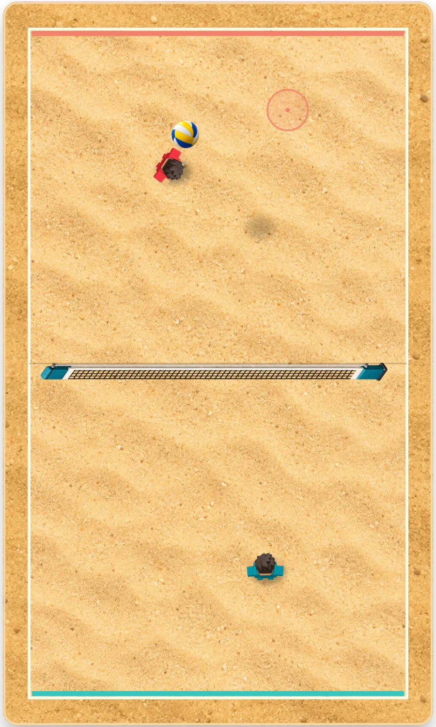 The playable overhead beach volleyball court with teal and coral block players, a net and a yellow-blue ball